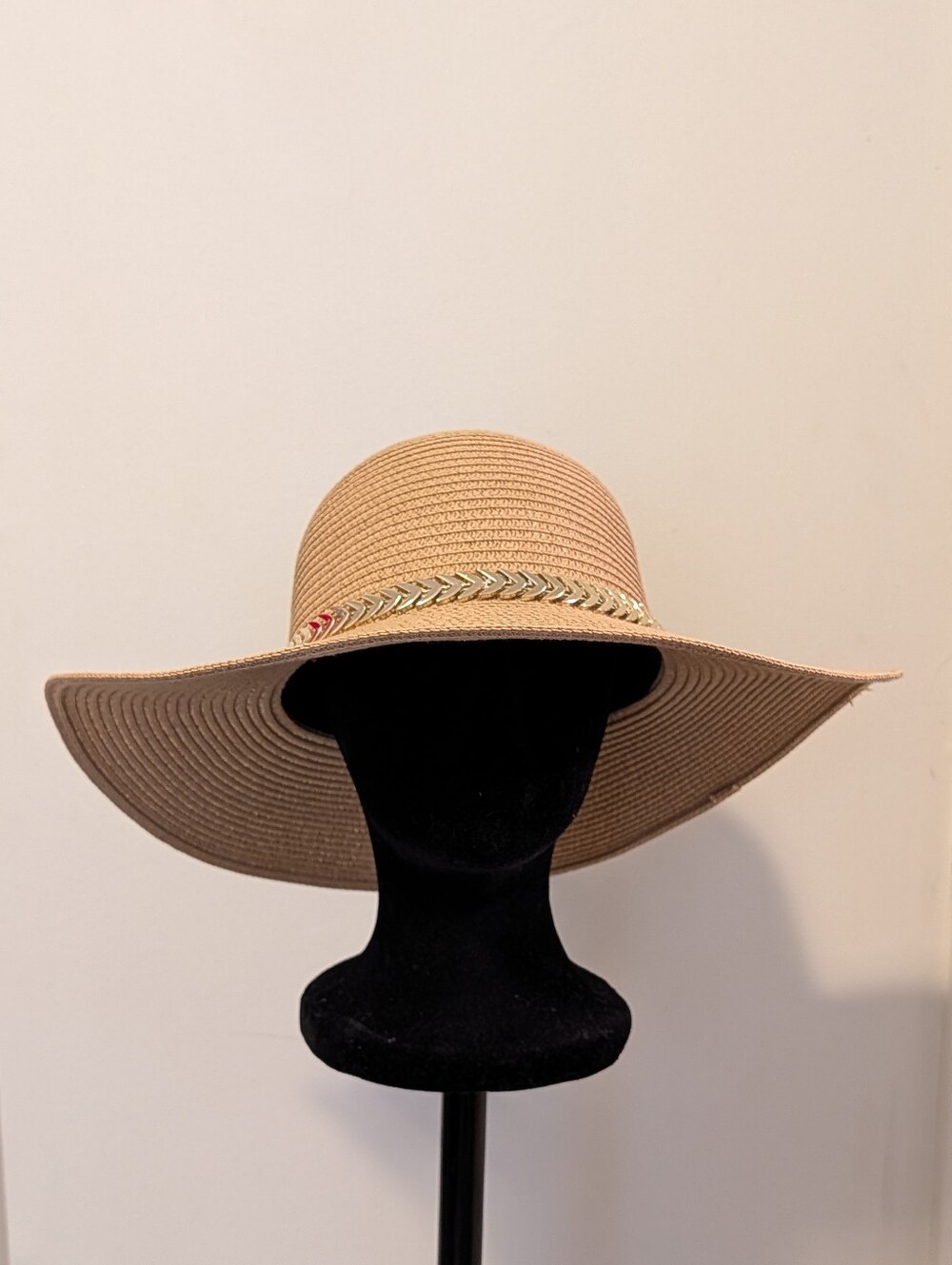 Wide Brim Straw Sun Hat with Metallic Leaf Band - Beige - Picture 3 of 5